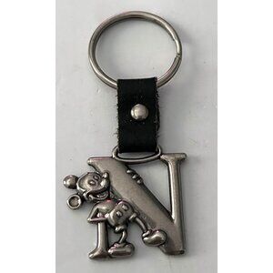 Vintage Disney Mickey Mouse N Letter Metal Keychain W/ Black Leather Strap